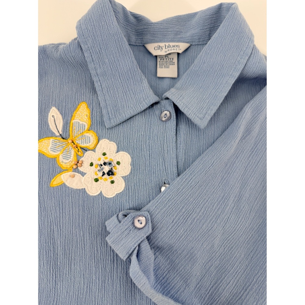 City Blues by Koret Blue Crinkle Button Down Shirt Butterfly Floral Petite Large